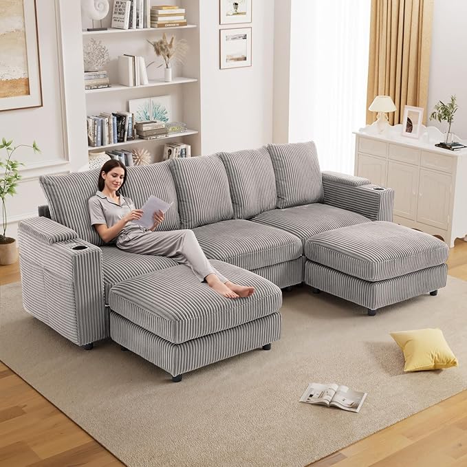 110 W x 60 D U Shape Sectional Sofa with USB Charging &amp Cup Holder &amp Storage 5 Seater Plush Corduroy Couches with Movable Ottoman Cloud Couch Sofas for Living Room DIY Combination - Light