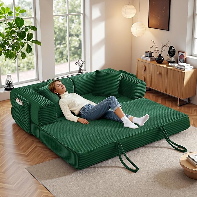 Boneless Couch Futon Sofa Bed Sectional Couches for Living RoomCloud Couch with Sleeper SofaSofas for Living Room Oversized Corduroy Upholstered (Green 81 Inches (with Iron Frame))