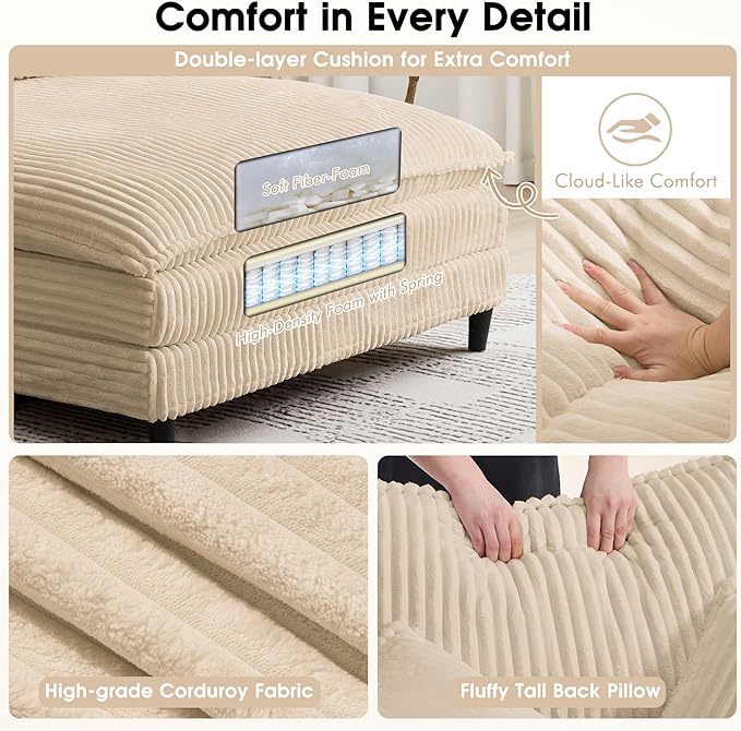 110 W Oversized Double Chaise Lounge Sofa Couch Corduroy Sleeper Sofa Bed with Adjustable Backrest Modern Upholstered Cloud Couch with Deep Seat &amp Pillows for Living Room Khaki