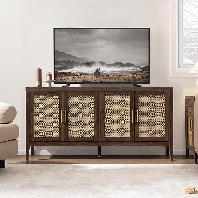SICOTAS TV Stands for Living Room-Entertainment Center with Storage for Bedroom-Mid Century Modern Television Stands with 4 Doors 59 Media Console TV Cabinet Credenza for 45 50 55 60 65 Inch TVs
