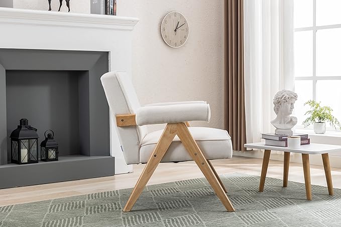 Generic Leisure Chair with Solid Wood Armrest and Feet Mid Century Modern Accent Chair for Living Room Bedroom Studio Chair Beige