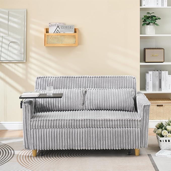 LUMISOL 3 in 1 Convertible Sleeper Sofa Bed 54 Loveseat Sofa with Pull Out Bed Corduroy Loveseat Futon Couch Bed with Side Table &amp USB Ports for Living Room Apartment Gray