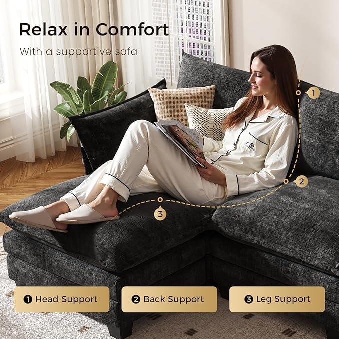 KKL 91.3 Large Modular Sectional Sofa Bed 6 Seater Convertible J/L-Shaped Sleeper Cloud Couch with Ottoman Chenille Sectional Couches for Living Room Apartment Black