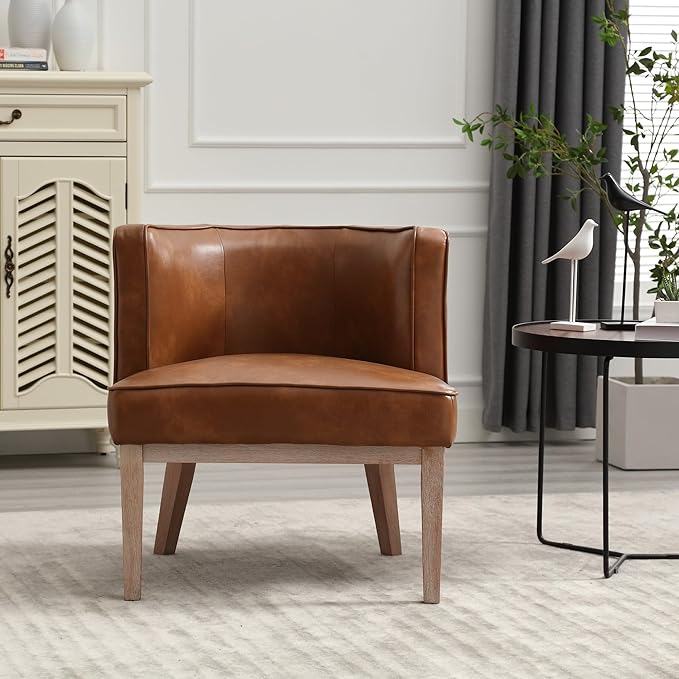 Arm Accent Chair Barrel Accent Chair with Wood Legs Brown Leather Comfy Barrel Round Side Chair Upholstered Reading Chairs with Back for Living Room Bedroom Living Room Chair Brown