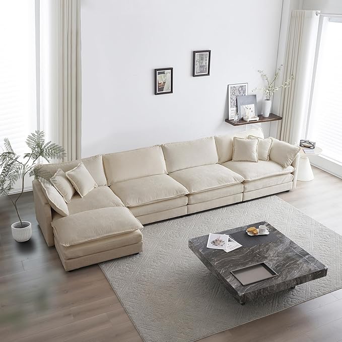 WILLIAMSPACE 146.5 Sectional Sofa Couch for Living Room Modern Upholstered Oversized L-Shaped Sofa with Ottoman &amp Toss Pillows Modular 5 Seat Sofa Furniture for Apartment Chenille Fabric (Beig