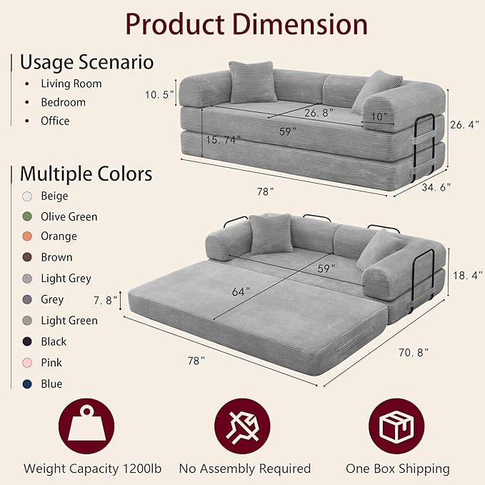 JJJ 78 inch Sofa Bed 4-in-1 Boneless Convertible Corduroy Sleeper Folding Couch with Fixed-Shape Frame and 2 Futons No Assemble Required 3 Seater Upholstered for Living Room (Light Grey 78 inch)