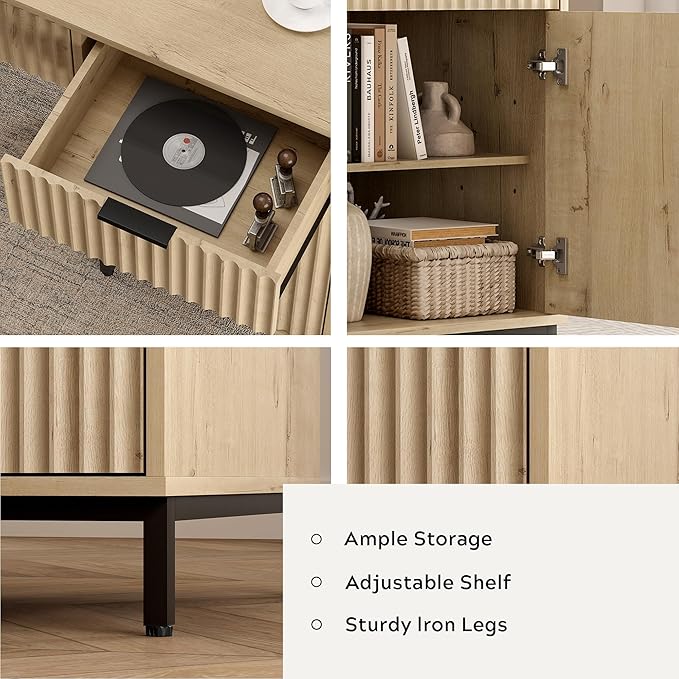 47 Home Office Desk with Fluted Drawers Wood Exectuive Desk with Storage Cabinet Charging Station Metal Legs Modern Farmhouse Computer Desk for Work Study Light Oak