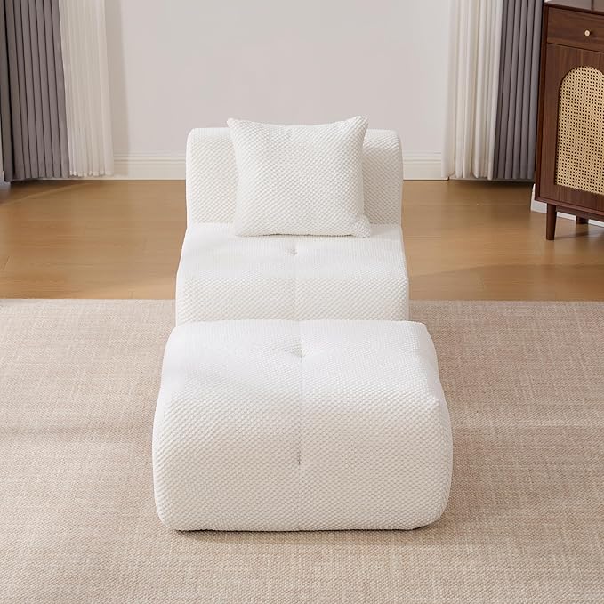 Folding Sofa Bed Convertible Floor Sleeper Chair Comfy Futon Floor Couch 2 in 1 Pull Out Single Boneless Sofa for Living Room Bedroom Removable Ottoman No Assemble Ivory