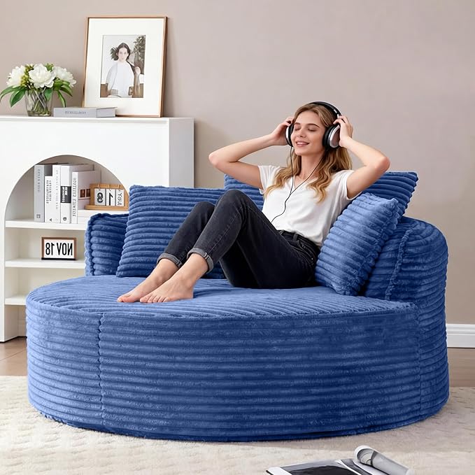 Oversized Round Chair Lounge Chaise Indoor 53.5 Corduroy Boneless Round Chair Fluffy Single Deep Seat Cloud Sofa Chairs Modern Circle Chaise Lounge for Bedroom Living Room Blue
