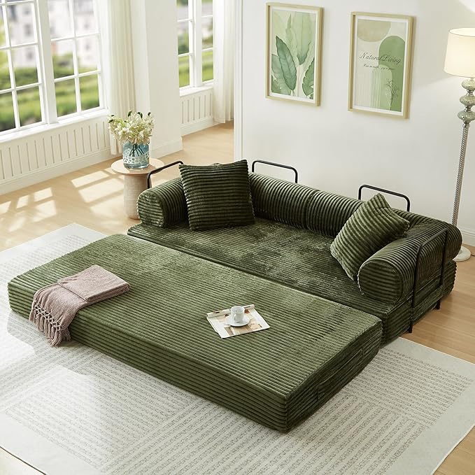 78.5W Convertible Folding Sofa Bed Corduroy Upholstered Queen Size Foam Floor Couch with Fixed-Shaped Frame Loveseat Sleeper Compression Sofa Foldable Mattress for Living Room Bedroom(Green)