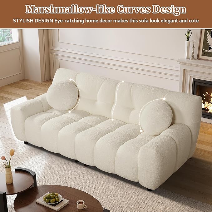 73 Boucle Cloud Sofa Couch with 2 Soft PillowsComfy Upholstered Teddy 2 Seater LoveSeat SofaModern Deep Seat Sherpa Cloud Couch Oversized Love Seat for Living Room Bedroom Apartment Beige White