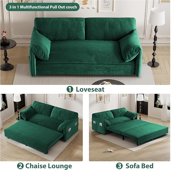 Ball &amp Cast 63.8 Pull Out Sofa Bed 3-in-1 Convertible Sleeper Sofa with Side Storage PocketsMulti-Functional Velvet Loveseat Bed for Living RoomBedroomApartmentOfficeGreen