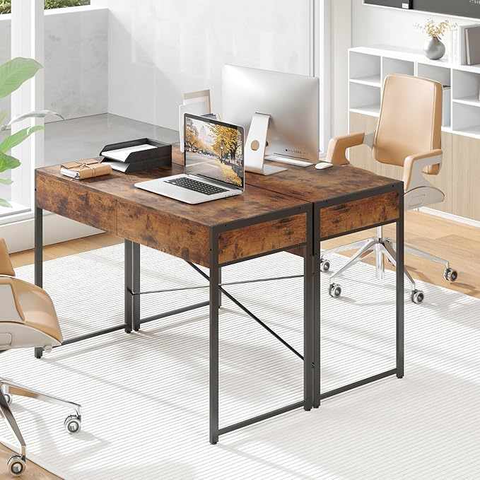 LDAILY Computer Desk with 2 Drawers 44 Inch Home Office Desk with Sturdy Steel Frame &amp X-Bracket Support Spacious Study Writing Workstation Table for Bedroom or Small Spaces (Rustic Brown)