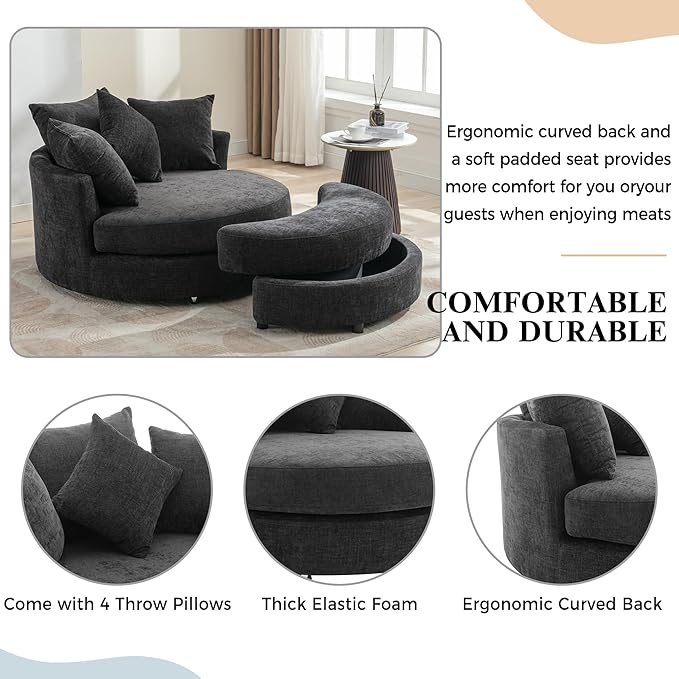 ERYE Oversized Round Accent Barrel Chair with Storage Ottoman and 360 Swivel Base Modern Chenille Upholstered Leisure Recliner Armchair for Living Room Bedroom