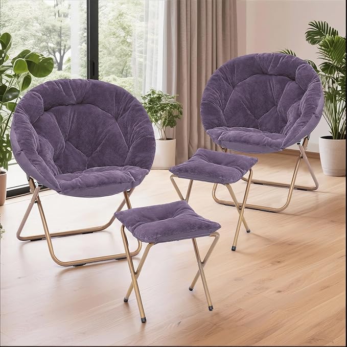 Cozy Saucer Chair Living Room Chair Faux Fur Soft Thick Padded Folding Chair Comfortable Moon Chair for Living Room Bedroom Reading Nook Modern Style 2 Pack Purple