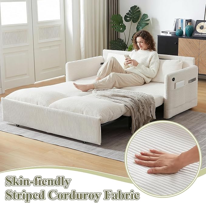 Queen Size Pull Out Couch Sleeper Sofa Bed Queen with USB Storage Pockets &amp Pillows 3-in-1 Modern Convertible Loveseat Couch Bed for Living Room Bedroom Office Apartment Corduroy(Beige)