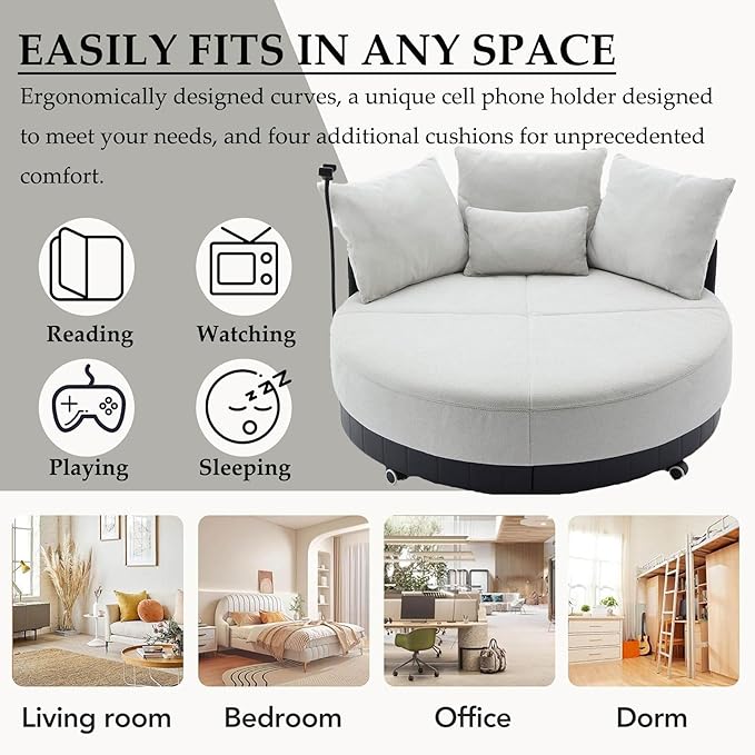 Anwick 52'' Oversized Round Swivel Chair360° Swivel Chair with Adjustable Phone Holder and 4 Pillows Upholstered Couples Chair with Rotating Pulley for Living Room Bedroom Lounge Hotel (Gray)