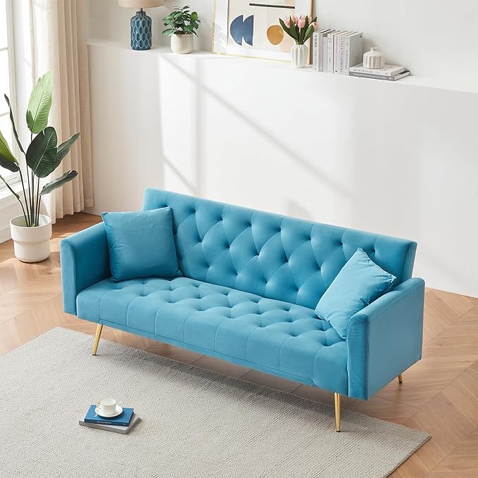 KINFFICT Velvet Futon Sofa Bed with 2 Pillows Convertible Sleeper Sofa Couch with 3 Angle Adjustable Backrest Modern Loveseat with 4 Golden Metal Legs for Living Room and Bedroom