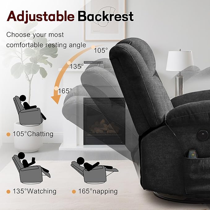 Rocker Recliner Glider Recliner Chairs for Adults 360° Swivel Rocking Chair with Massage and Heating Nursery Chair with Storage and USB Charging for Living Room Bedroom Nursery