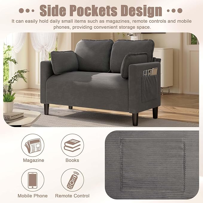 Beige Loveseats for Small Spaces 48 Inch Corduroy Couch with Side Pocket Modern 2 Seater Sofa Couch for Small Apartment Bedroom &amp Home Office High Rebound Sponge Easy Assembly (Grey 48”) | S