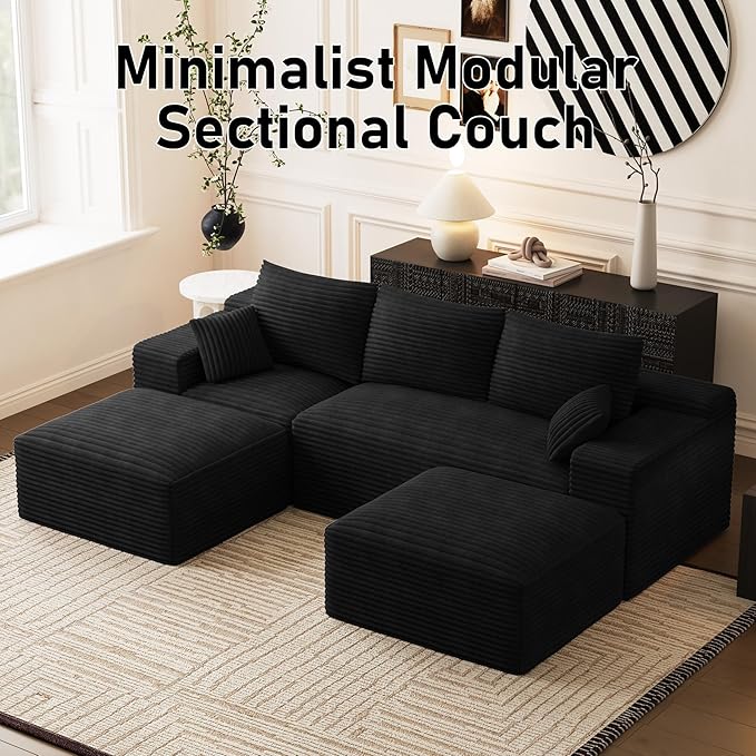 Modular Sectional Sofa Cloud Couch 108'' Comfy U Shaped Sectional Couches for Living Room Deep Seat Cozy Fluffy Corduroy Boneless Couch Sectionals Sofa with Movable Ottomanm Black