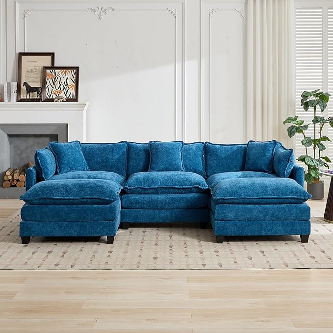 113.8 Modern Sectional Couches for Living Room Blue Chenille Comfy Cloud Couch Sectional 3 Seater Couch for Living Room with 2 Ottoman Sofas para Sala U Shaped Sofas &amp Couches (Blue 3+2 Set)