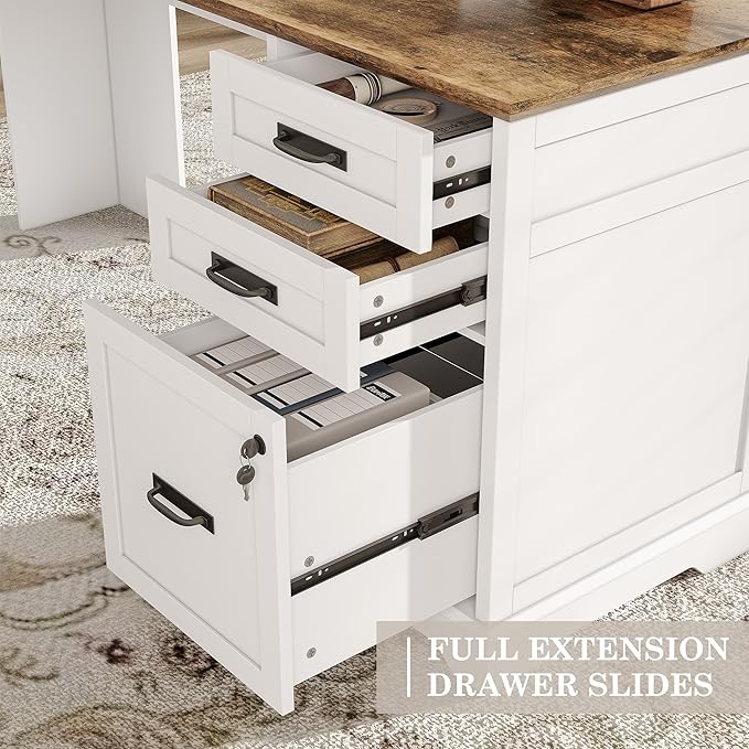 Alohappy 67'' L Shaped Desk with Drawers Farmhouse Corner Computer Desk with File Storage and Charging Station for Home Office White
