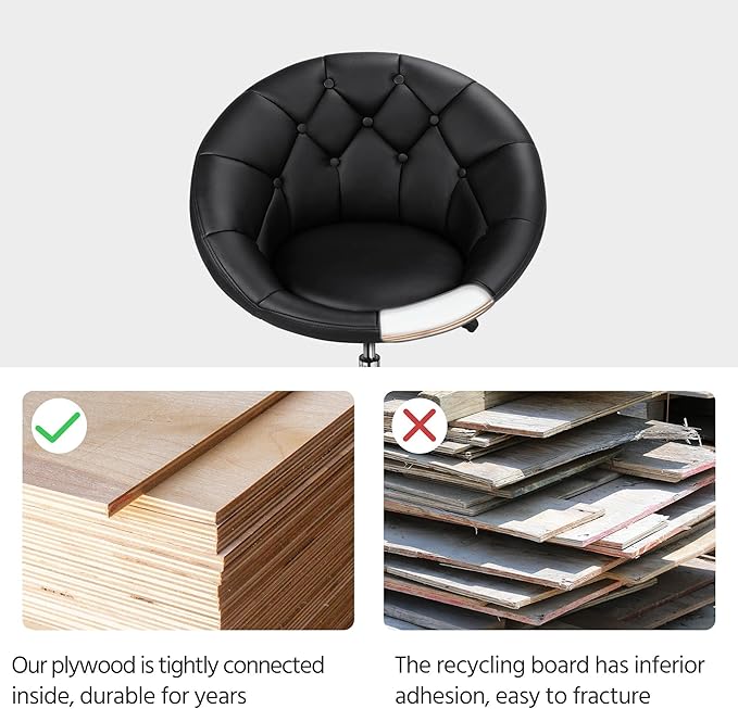 Yaheetech Adjustable Vanity Chair with Round Tufted Back Swivel Leather Salon Chair for Bedroom Living Room Office Black