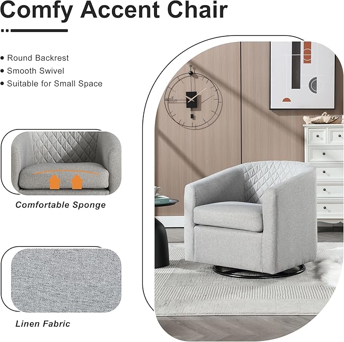 Swivel Gilder Chair Modern Round Armchair 360° Swivel Linen Barrel Chair Club Chair for Living Room Bedroom Office (Grey)