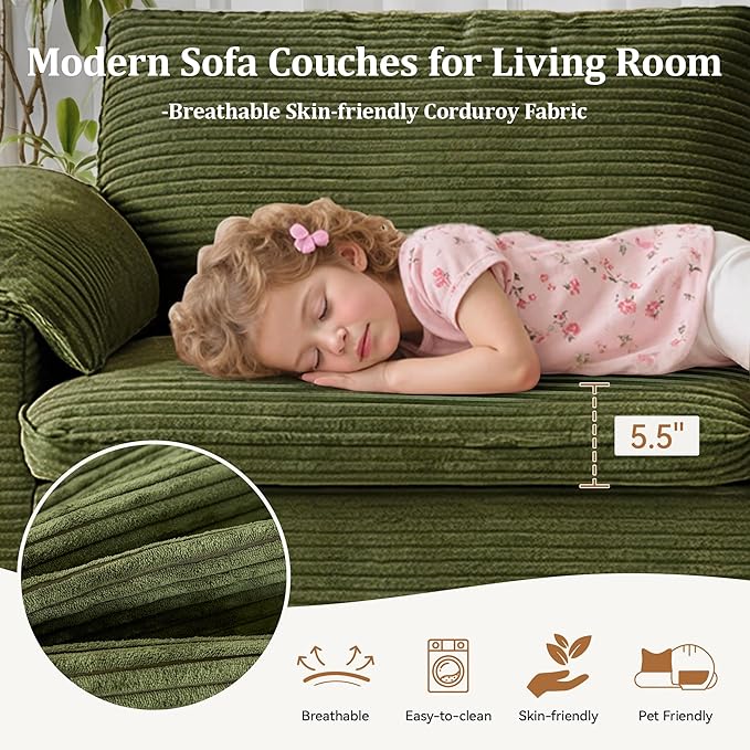 WEUP 86 Loveseat Sofa Green Corduroy Couches for Living RoomMid Century Modern Love SeatSuper Comfy Cloud SofasDeep SeatWide ArmrestSturdy Frame for Bedroom Apartment Office | Breathable Fabr