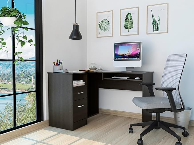 Home Office Desk Glendale 2-Drawer 1-Shelf L-Shaped Computer Desk Black Wengue for Study Office Small Apartment