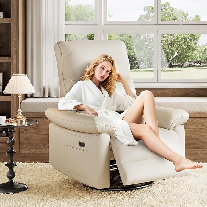 GarveeHome Power Recliner Chair 270° Swivel Rocking Glider with USB Charging Port PU Leather Upholstered Fabric and Button Tufted Backrest Ergonomic Nursery Chair for Living Room (Cream)