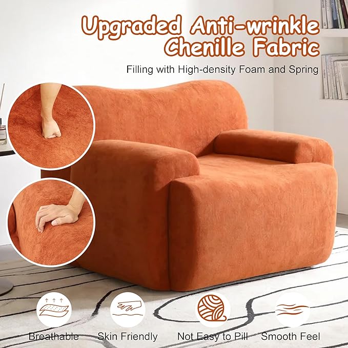 Boneless Chair 42 W Oversized Single Sofa Chair for Living Room Chenille Cloud Comfy Chairs Foam Couch Armchair for Bedroom Apartment Office. Reading No Assembly(Orange)