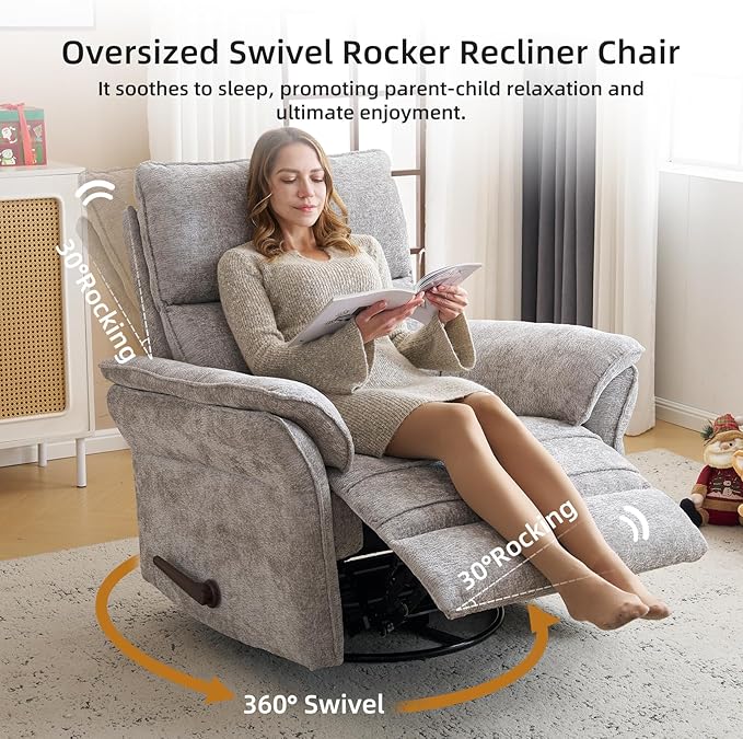 Oversized Glider Rocker Recliner 26 Extra Wide 360° Swivel Nursery Recliner with Adjustable Headrest Chenille Rocking Nursery Chair with Overstuffed Armrest Lumbar Support Light Grey