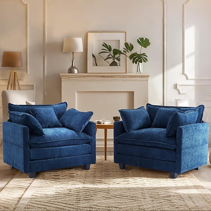 SweetGO corporation 40 Chenille Lounge Chair for Reading Modern Couch Cozy Sofa Bed Upholstered Living Room Single Sofa Accent Chair with Ottoman Set of 2 Blue