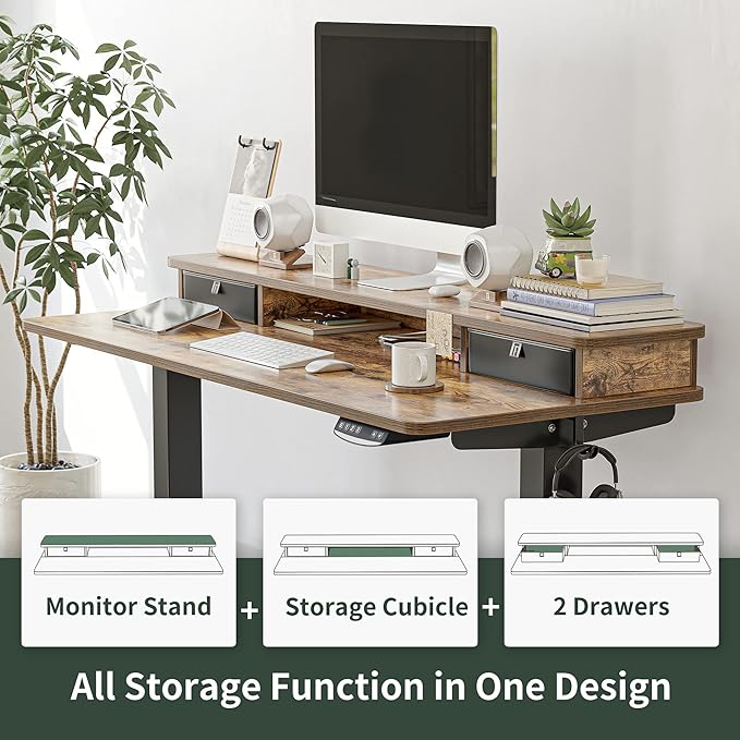 FEZIBO 48 x 24 Inch Height Adjustable Electric Standing Desk with Double Drawer Stand Up Table with Storage Shelf Sit Stand Desk Rustic Brown