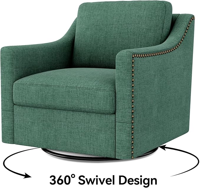 Swivel Accent Chair Modern Comfy Linen Upholstered Barrel Armchair with Nailhead Decor and Metal Base Soft Oversized Round Swivel Chair for Living Room Bedroom Club (1 Green)
