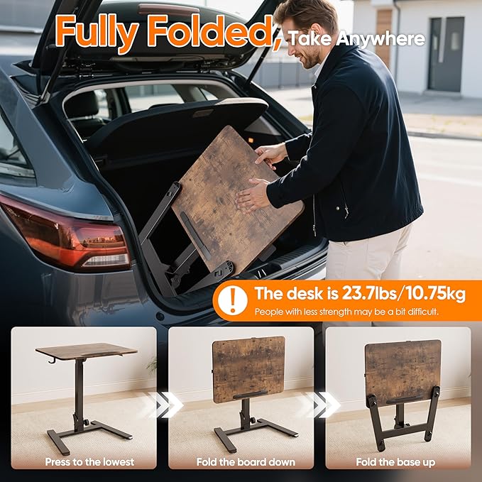Monomi Mobile Folding Desk 25.6 Inch Small Sit-Stand Height Adjustable Rolling Laptop Desk Space-Saving Portable Desk with Wheels for Home Office Craft &amp Study Brown