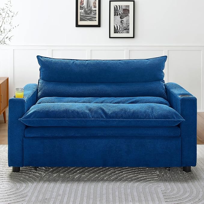 56.3 Convertible Sleeper Sofa Bed 3 in 1 Velvet Pull Out Loveseat Couch Modern Comfy Thick Cushion Futon with Adjustable Backrest &amp 2 Cup Holders Space Saving for Living Room Small Apartment B