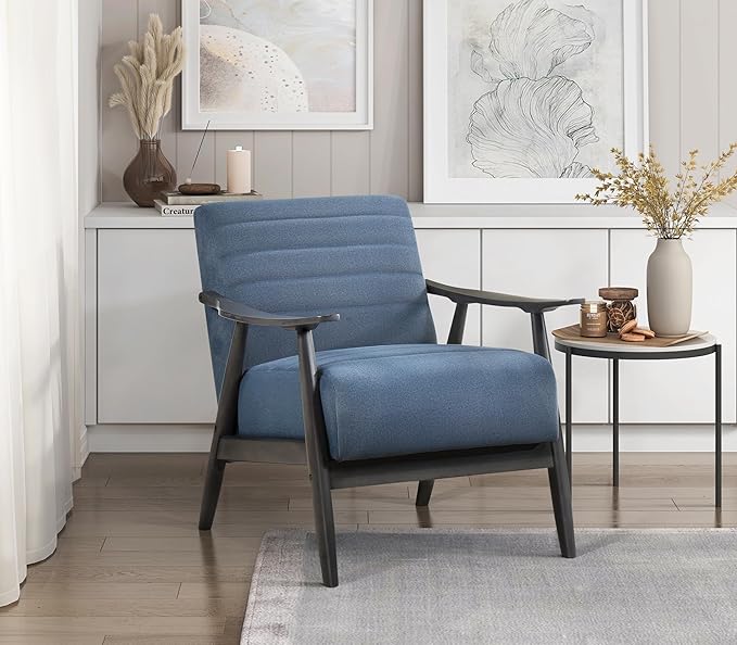 Casual Transitional Chair with Blue Fabric Upholstery and Dark Gray Frame Solid Wood Furniture for Living Room Style