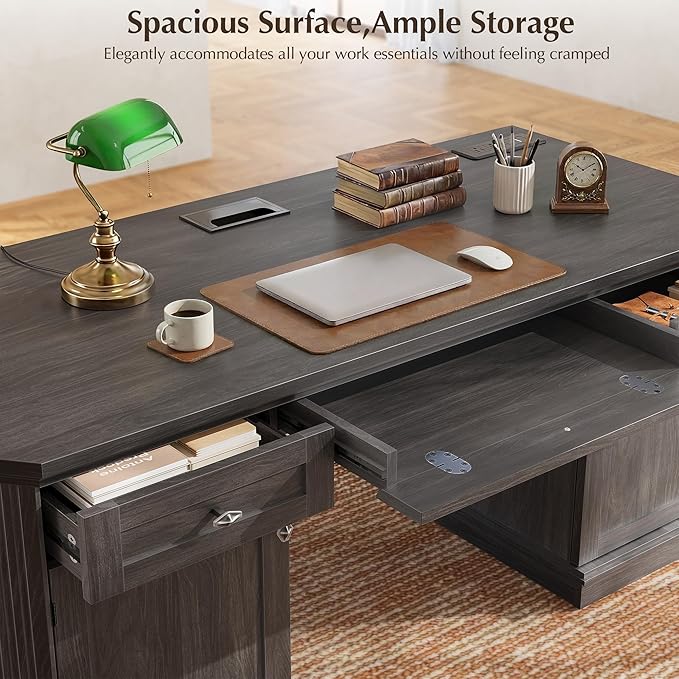 59 Classic Executive Desk with Storage Victorian Executive Desk with Charging Station Keyboard Tray 3 Drawers &amp 2 Cabinet Storage &amp 2 Pedestals Easy Assembly Black