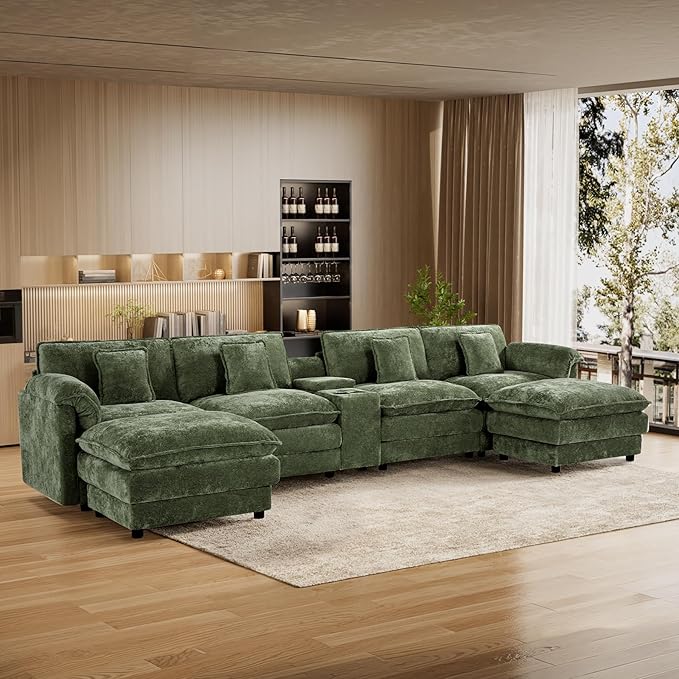 152 Oversized Modular Sectional Sofa U Shaped Cloud Couch Modern 6 Seat Sofa Set for Living Room Comfy Chenille Couch with Storage Central Console Movable Ottomans Cup Holders USB Ports Green