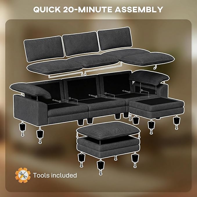 HOMCOM Modular Sectional Sofa Couch 124 Oversized L Shape Sectional Cloud Couch with Deep Seat Movable Ottoman and Pillow-top Armrests for Living Room Bedroom and Apartment Dark Gray | Deep seat