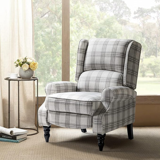 HULALA HOME Upholstered Wingback Recliner Chair Small Adjustable Footrest Push Back Single Reclining Sofa Mid Century Modern Lounge Armchair for Living Room Bedroom Reading/Plaid Grey