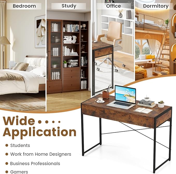 Giantex Computer Desk with 2 Drawers 44 Inch Home Office Desk with Anti-Toppling Device &amp Metal Frame Compact Laptop PC Table Vanity Table Modern Study Writing Desk for Small Spaces (Rustic Br