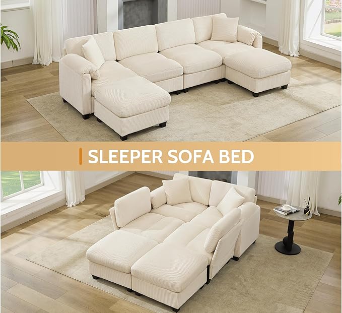 DRMBOOK 88'' U Shaped Modular Sectional Cloud Couch Comfy Corduroy 4 Seater Sofa with Curved Armrest Modern Deep Seat Modular Sofa for Living Room (Cream Beige 3 Seat+1 Corner+1 Ottoman)