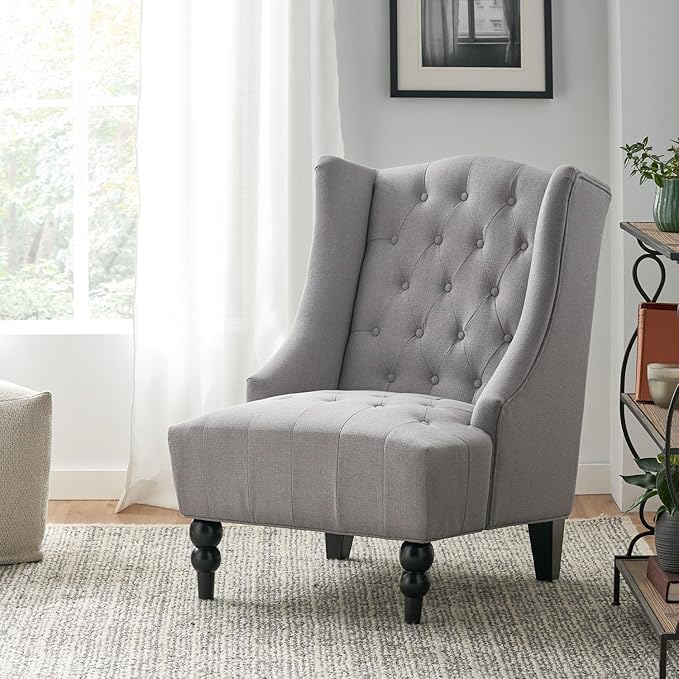 High-Back Velvet Wingback Chair Navy Blue Accent Chair with Button-Tufted Design &amp Birch Wood Legs 27.5”W x 33.75”D Upholstered Club Chair for Living Room Victorian (Fabric Gray)