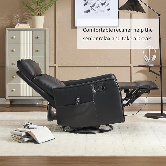High Back Massage Recliner with Heat - Swivel Rocking Chair for Small Spaces Manual Lazy Boy Recliner for Adults Perfect for Living Room &amp Bedroom Soft Fabric (Black PU)