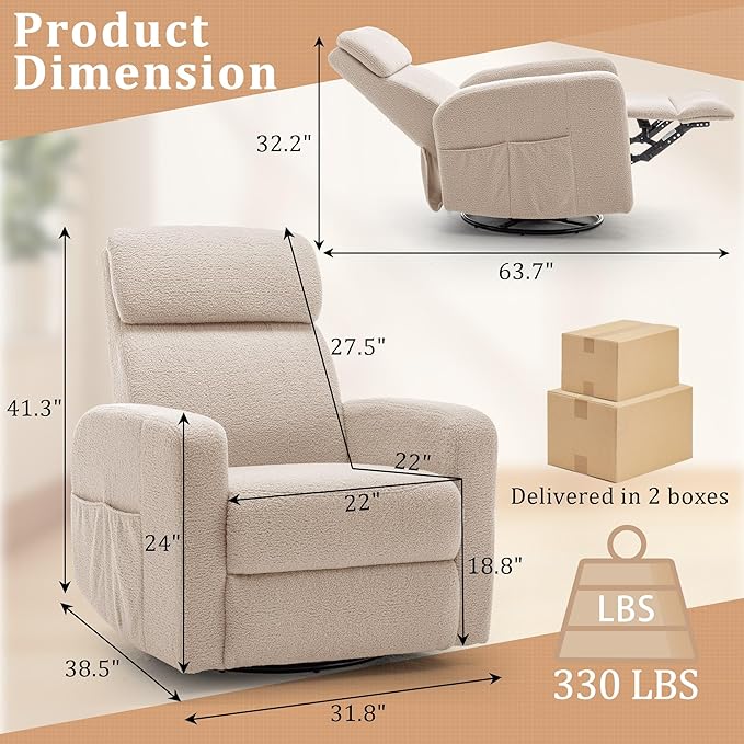 Power Swivel Recliner Chairs for Adults Electric Glider Rocking Chair Nursery Glider Recliner Nursery Chair with Classified Side Pocket Nursery Rocking Chairs with USB and Type-C Ports
