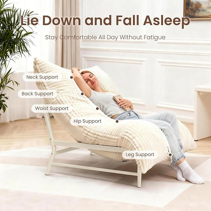 Modern Accent Chair Giant Bean Bag Lounge Chairs with Sturdy Metal Frame &amp Washable Cover Comfy Upholstered Chair for Reading Room Bedroom Cream
